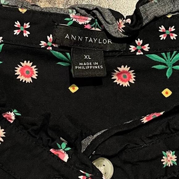 Ann Taylor Top Floral Cottage Academia Boho Retro Grandma Button Up Black XL - Picture 2 of 5